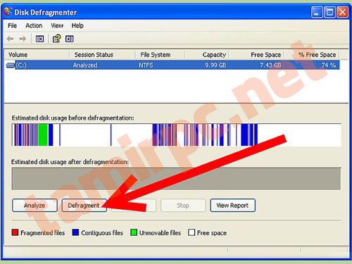 عملیات Defragment را بعد از آنالیز کردن درایو شروع کنید با فشردن دکمه Defragment عملیات را آغاز کنید