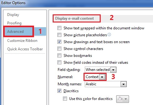 اعداد فارسی را به outlook اضافه کنید به مراحل پایانی کار رسیدید. از منوی Advanced اقدام به اضافه کردن اعداد فارسی کنید.